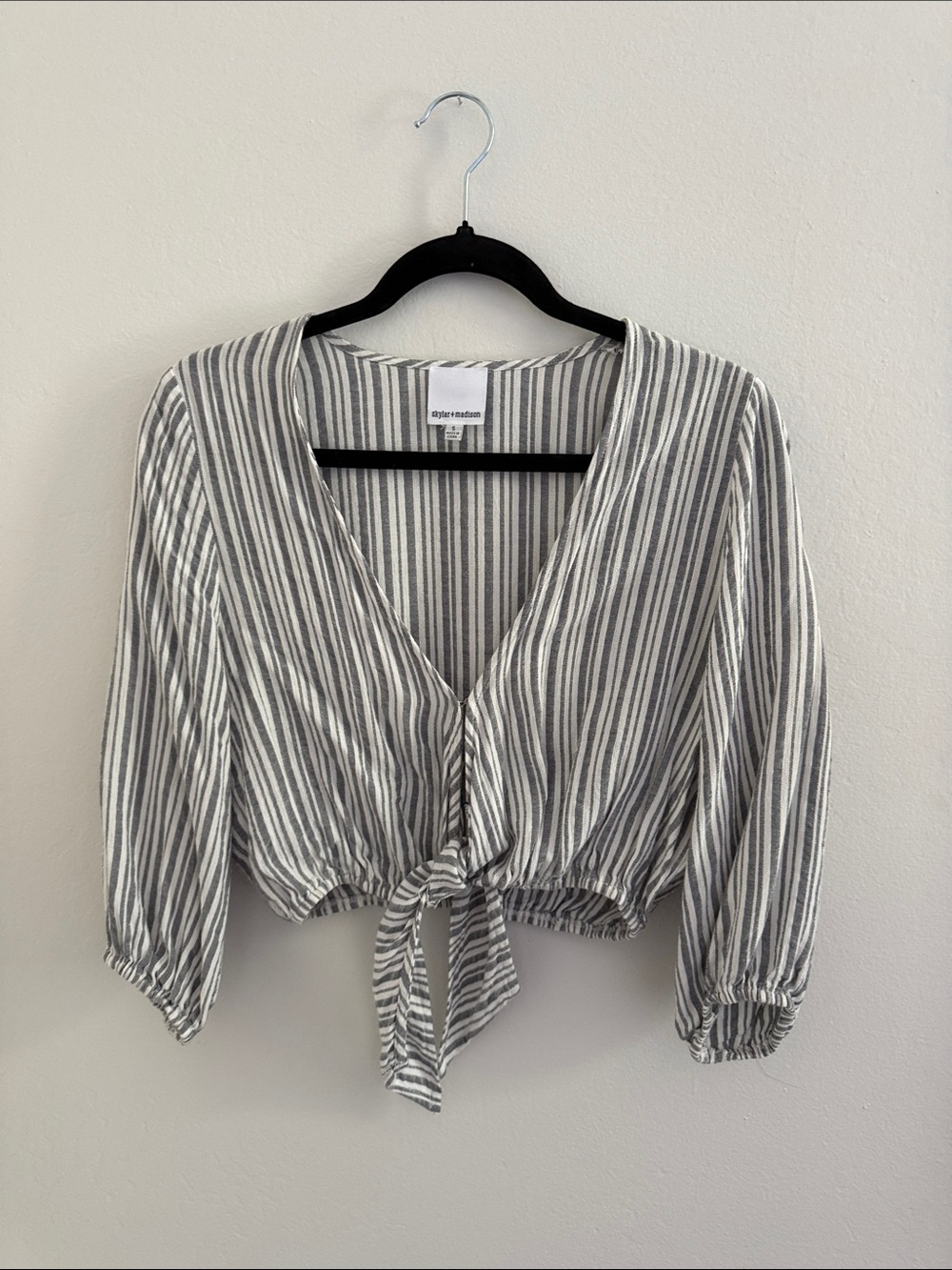 Skylar + Madison Gray and White Striped Tie-Front Blouse